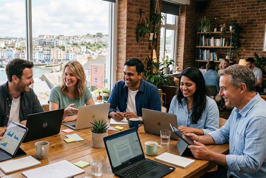 Business owners discussing life insurance options around a meeting table with laptops